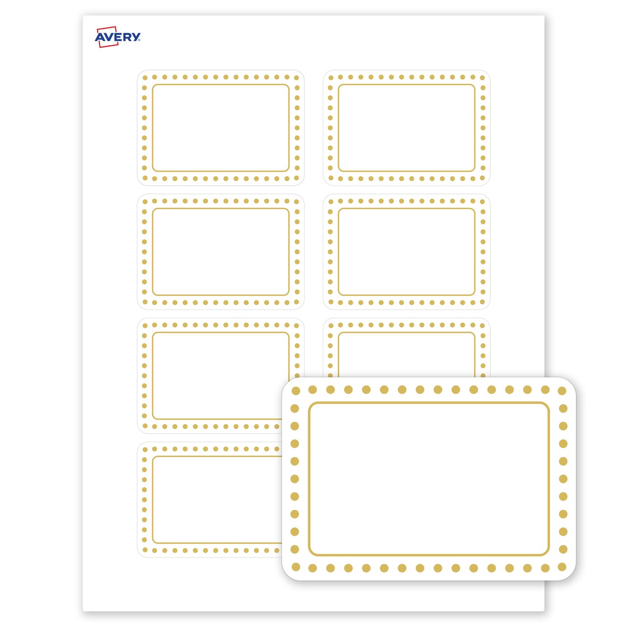 Avery® Printable Rectangle Adhesive Name Tags, Gold Border with Gold Dots Design, 2-1/3" x 3-3/8", Matte White Removable Name Tags, Laser/Inkjet, 80 Total, Great for Name Badges